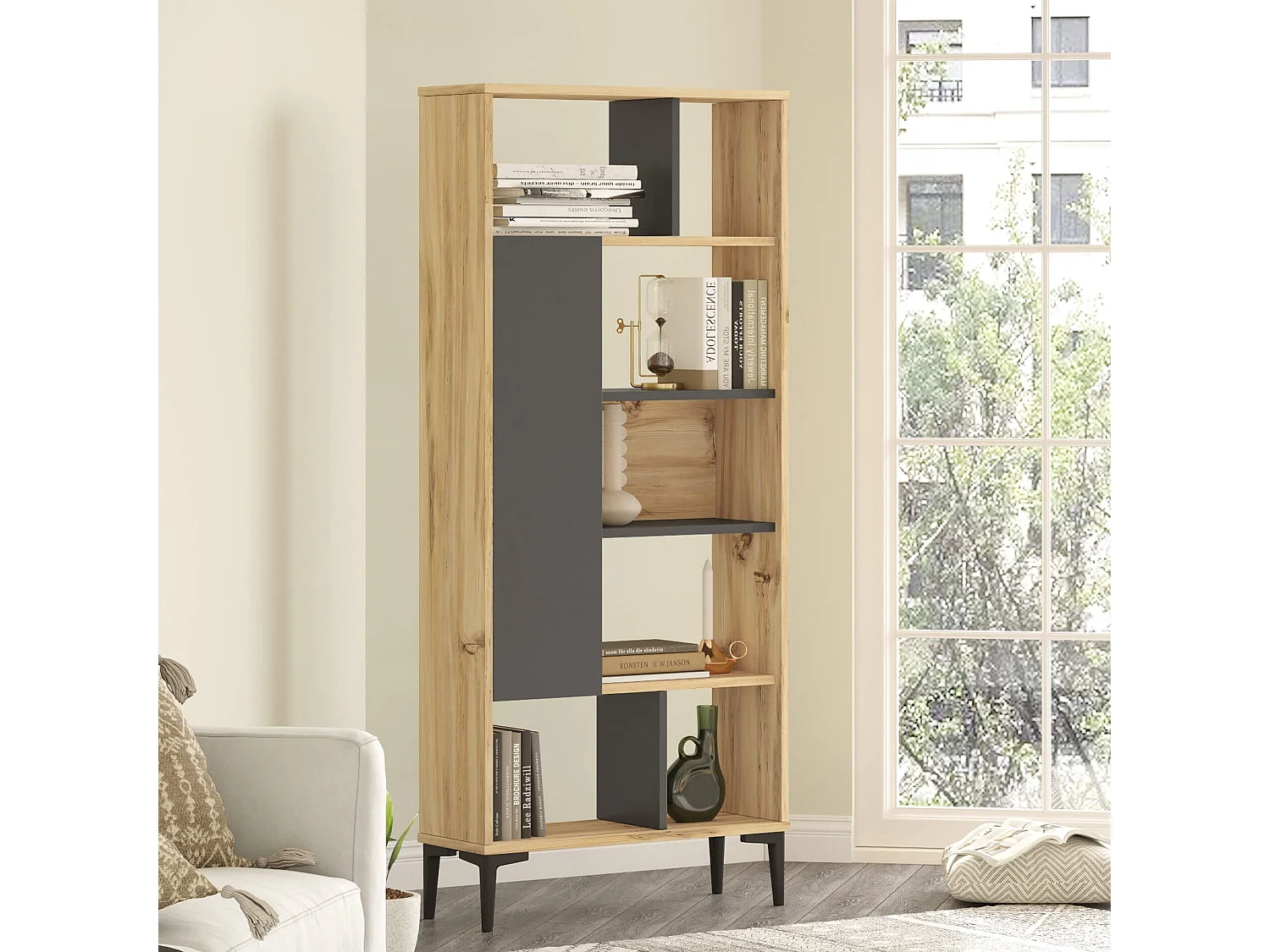 Libreria Rebecca Mobili Kanak 163,5x72x25 Truciolato PVC Rovere Chiaro Grigio Scuro Moderno
