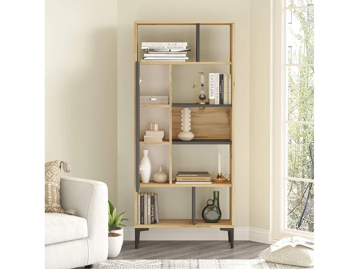 Libreria Rebecca Mobili Kanak 163,5x72x25 Truciolato PVC Rovere Chiaro Grigio Scuro Moderno