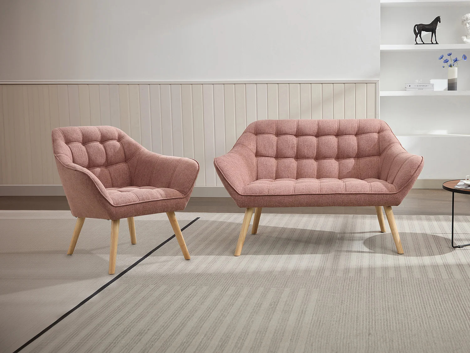 Tweezitsbank en fauteuil van roze gechineerde stof CASERTA