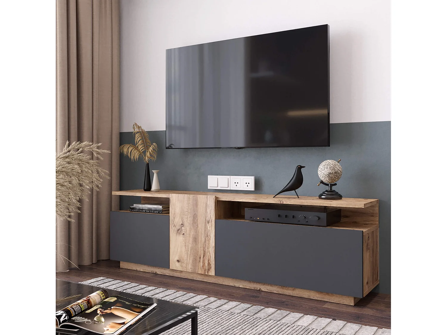 Meuble TV Rebecca Mobili Elais 46,5x150x29,5 Panneau de particules Chêne clair Gris Foncé Moderne