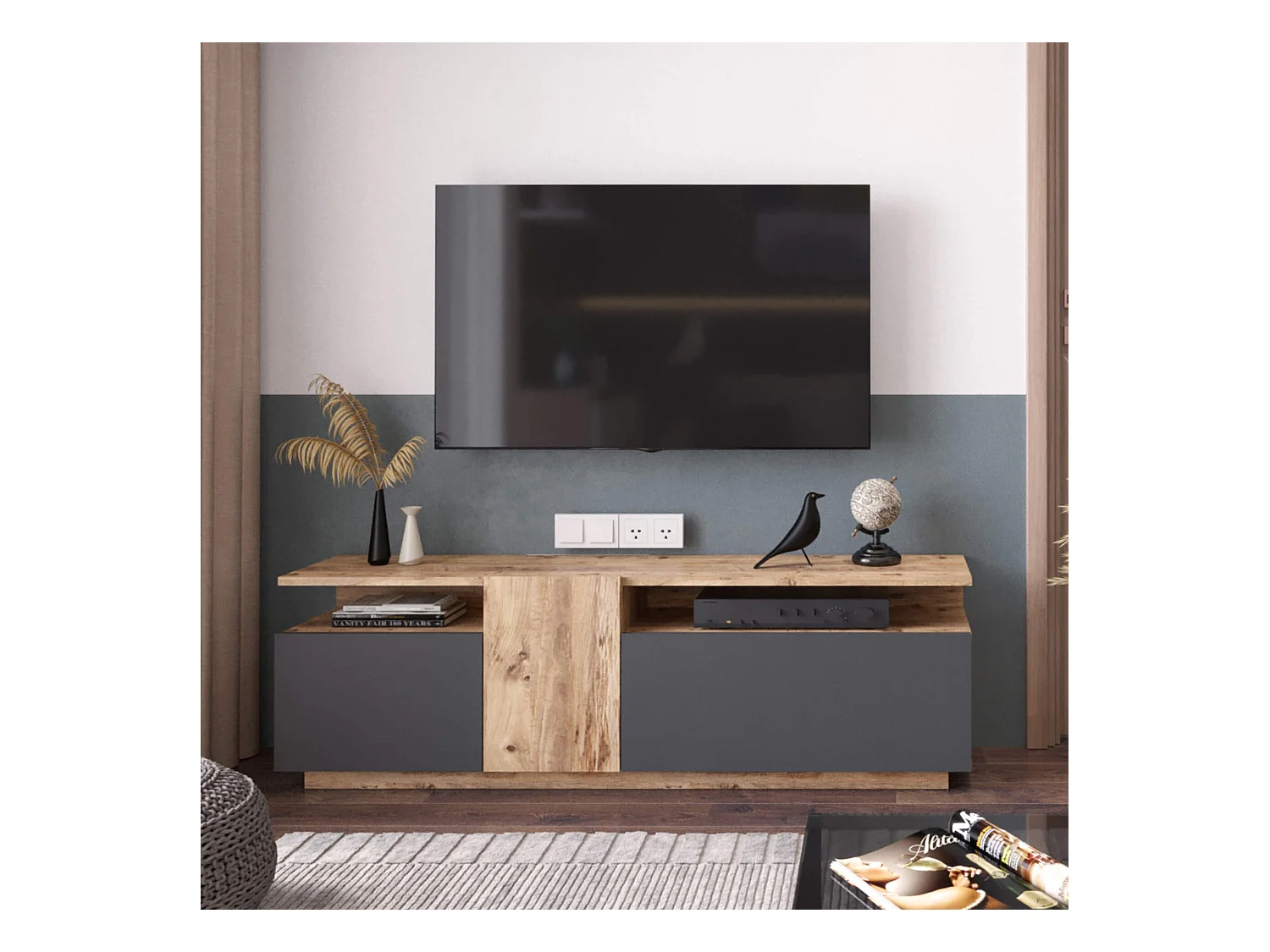 Mobile TV Rebecca Mobili Elais 46,5x150x29,5 Truciolato Rovere Chiaro Grigio Scuro Moderno