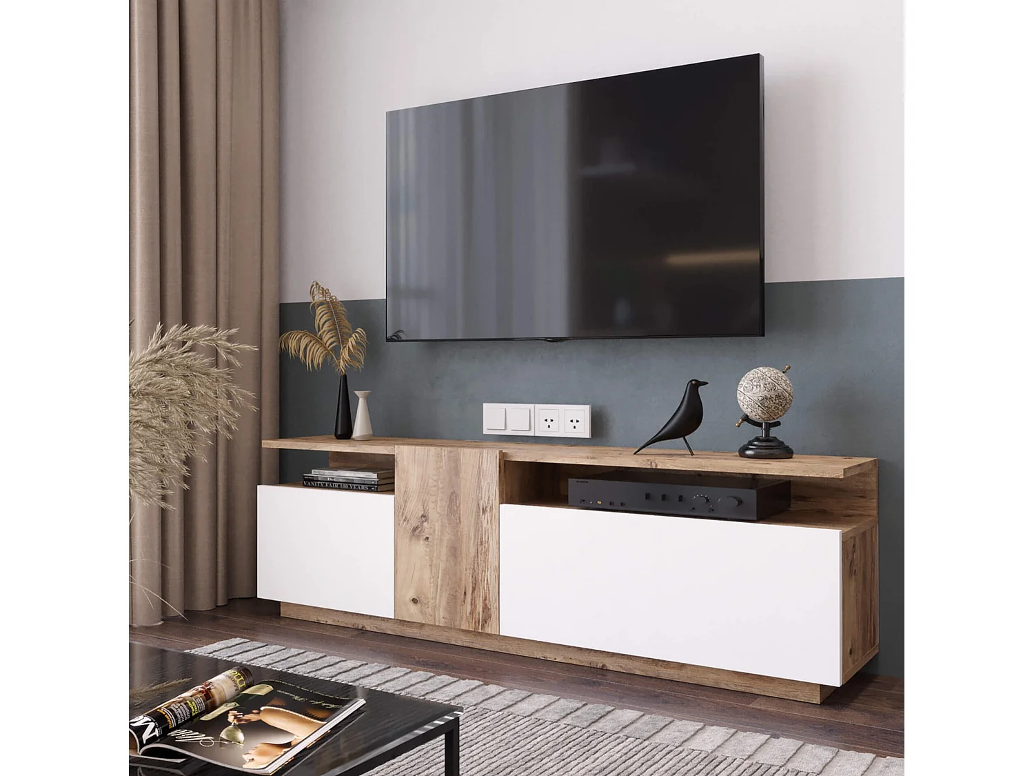 Meuble TV Rebecca Mobili Nergis 46,5x150x29,5 Panneau de particules Chêne clair Blanc Moderne