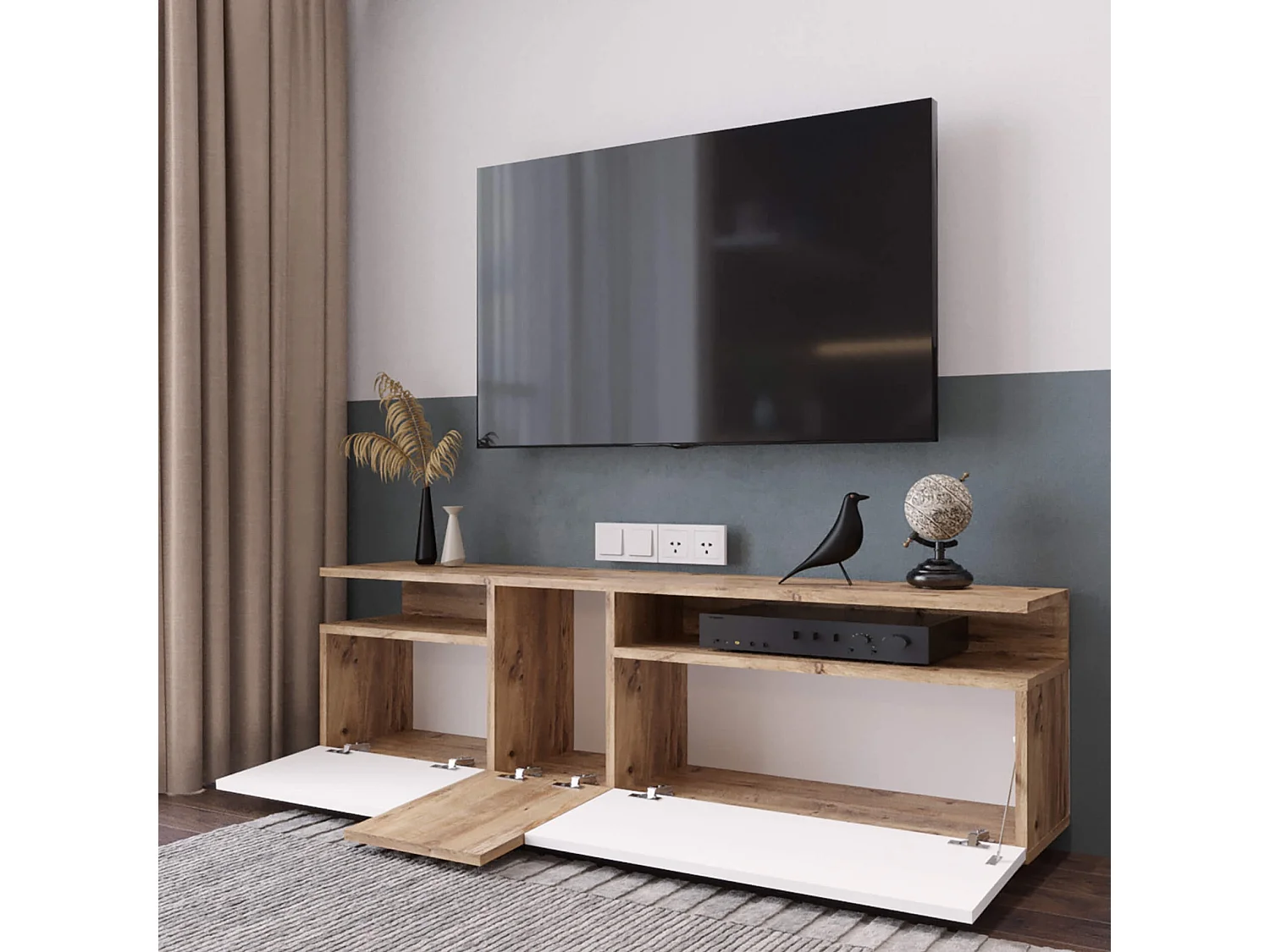 Meuble TV Rebecca Mobili Nergis 46,5x150x29,5 Panneau de particules Chêne clair Blanc Moderne