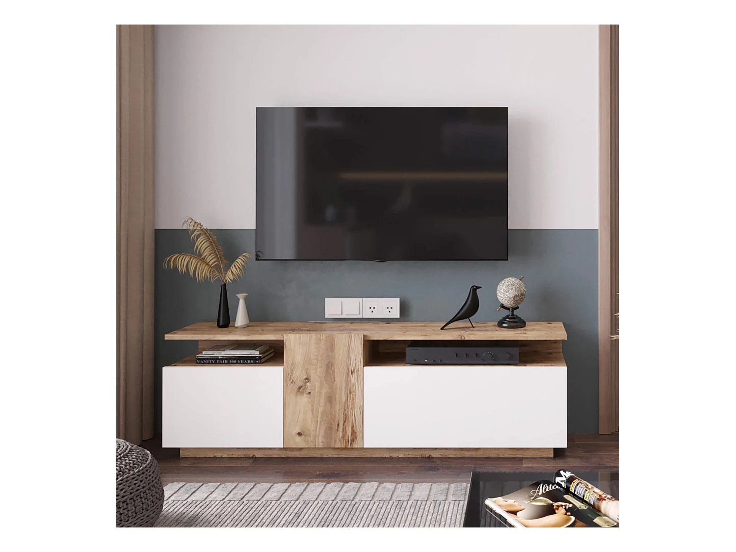 Mobile TV Rebecca Mobili Nergis 46,5x150x29,5 Truciolato Rovere Chiaro Bianco Moderno