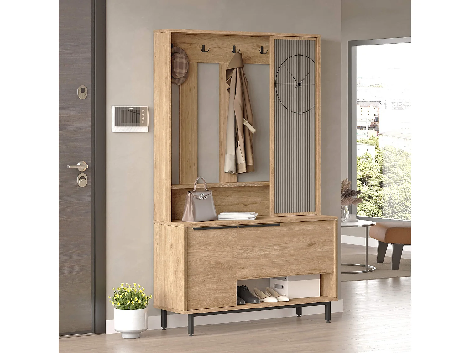 Armoire d'entrée Rebecca Mobili Giloy 178x112x33,5 Panneau de particules Verre Chêne clair Gris Foncé Moderne