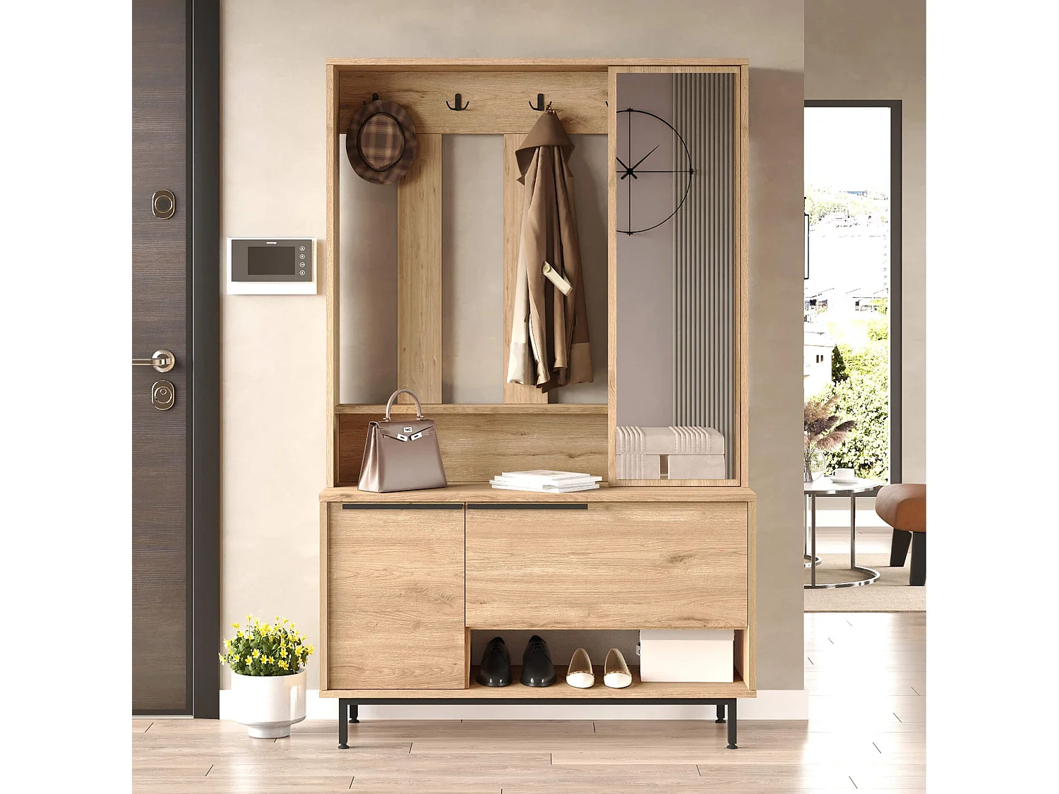 Armoire d'entrée Rebecca Mobili Giloy 178x112x33,5 Panneau de particules Verre Chêne clair Gris Foncé Moderne