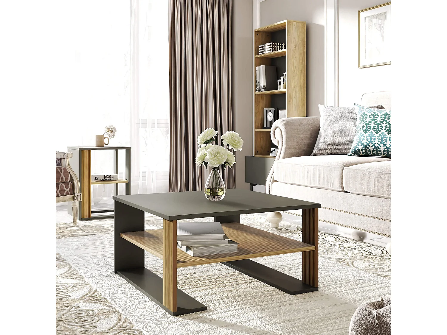 Tavolino Basso Rebecca Mobili Kabak 40x75x75 Truciolato Marrone Scuro Grigio Scuro Moderno