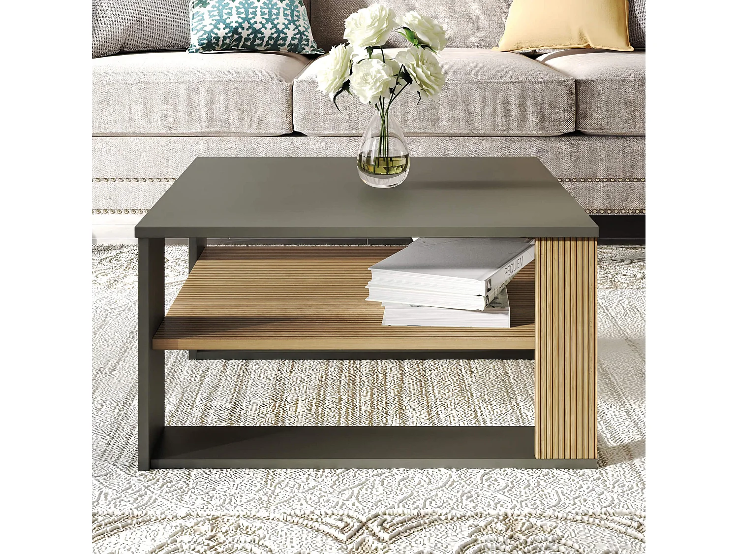 Tavolino Basso Rebecca Mobili Kabak 40x75x75 Truciolato Marrone Scuro Grigio Scuro Moderno