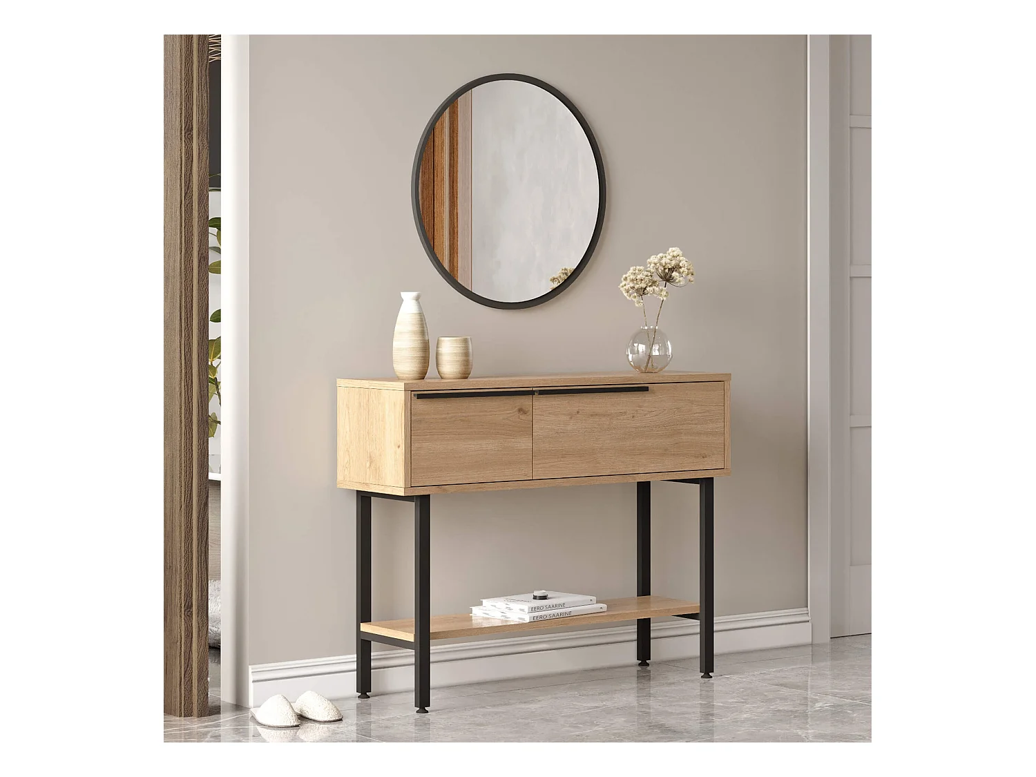 Console d'entrée Rebecca Mobili Hinoki 76x100x29,5 Panneau de particules Fer Chêne clair Gris Foncé Moderne