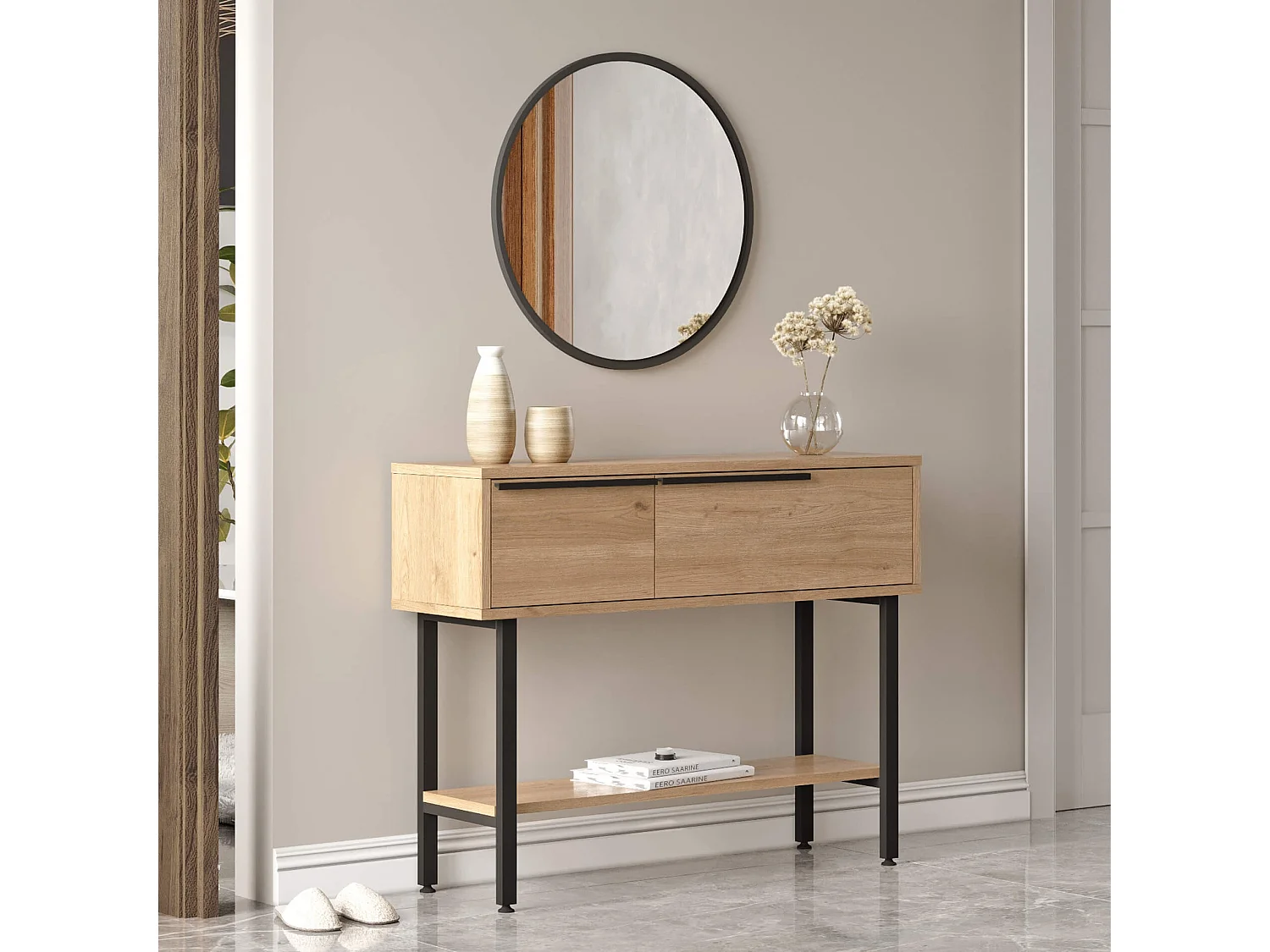 Console d'entrée Rebecca Mobili Hinoki 76x100x29,5 Panneau de particules Fer Chêne clair Gris Foncé Moderne