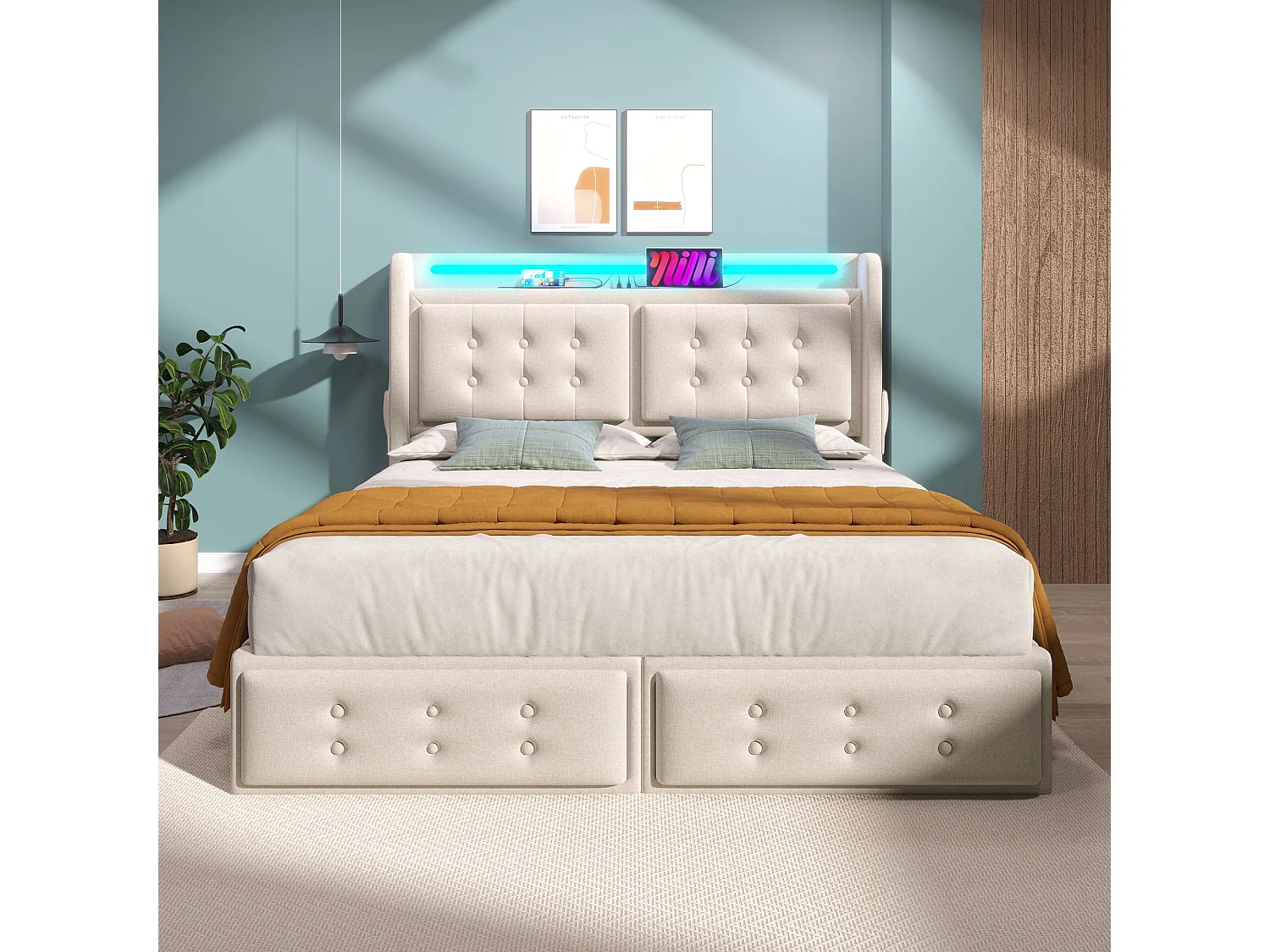 Lit double capitonné 160x200 avec tête de lit Led et chargeur USB C + 4 tiroirs, beige, (sans matelas)