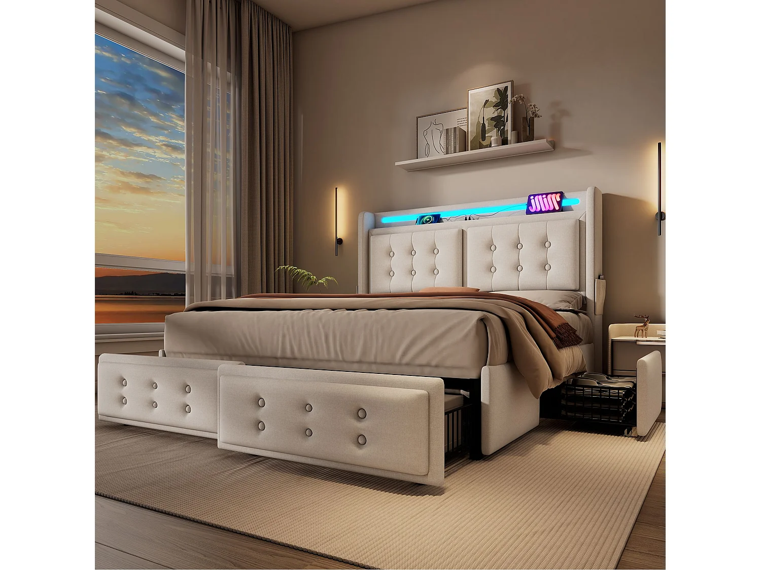 Lit double capitonné 160x200 avec tête de lit Led et chargeur USB C + 4 tiroirs, beige, (sans matelas)