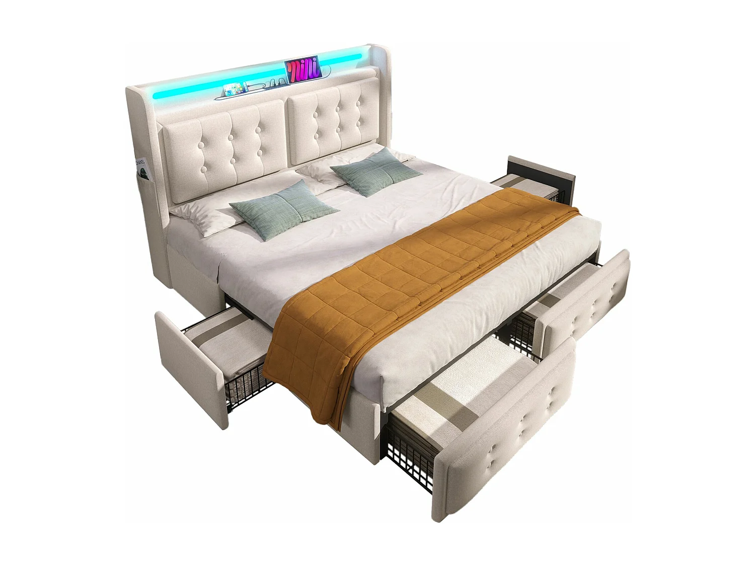 Lit double capitonné 160x200 avec tête de lit Led et chargeur USB C + 4 tiroirs, beige, (sans matelas)