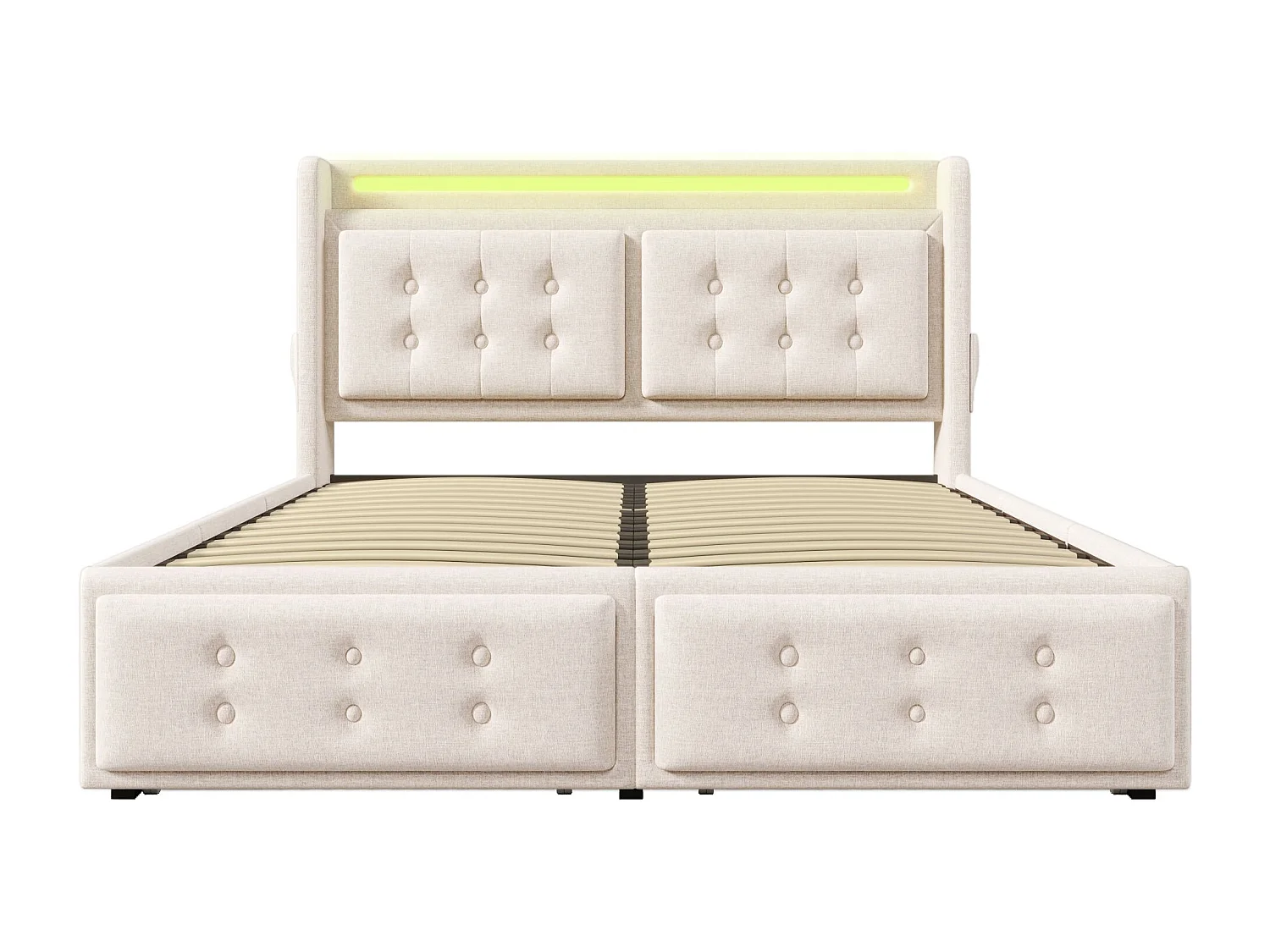 Lit double capitonné 160x200 avec tête de lit Led et chargeur USB C + 4 tiroirs, beige, (sans matelas)