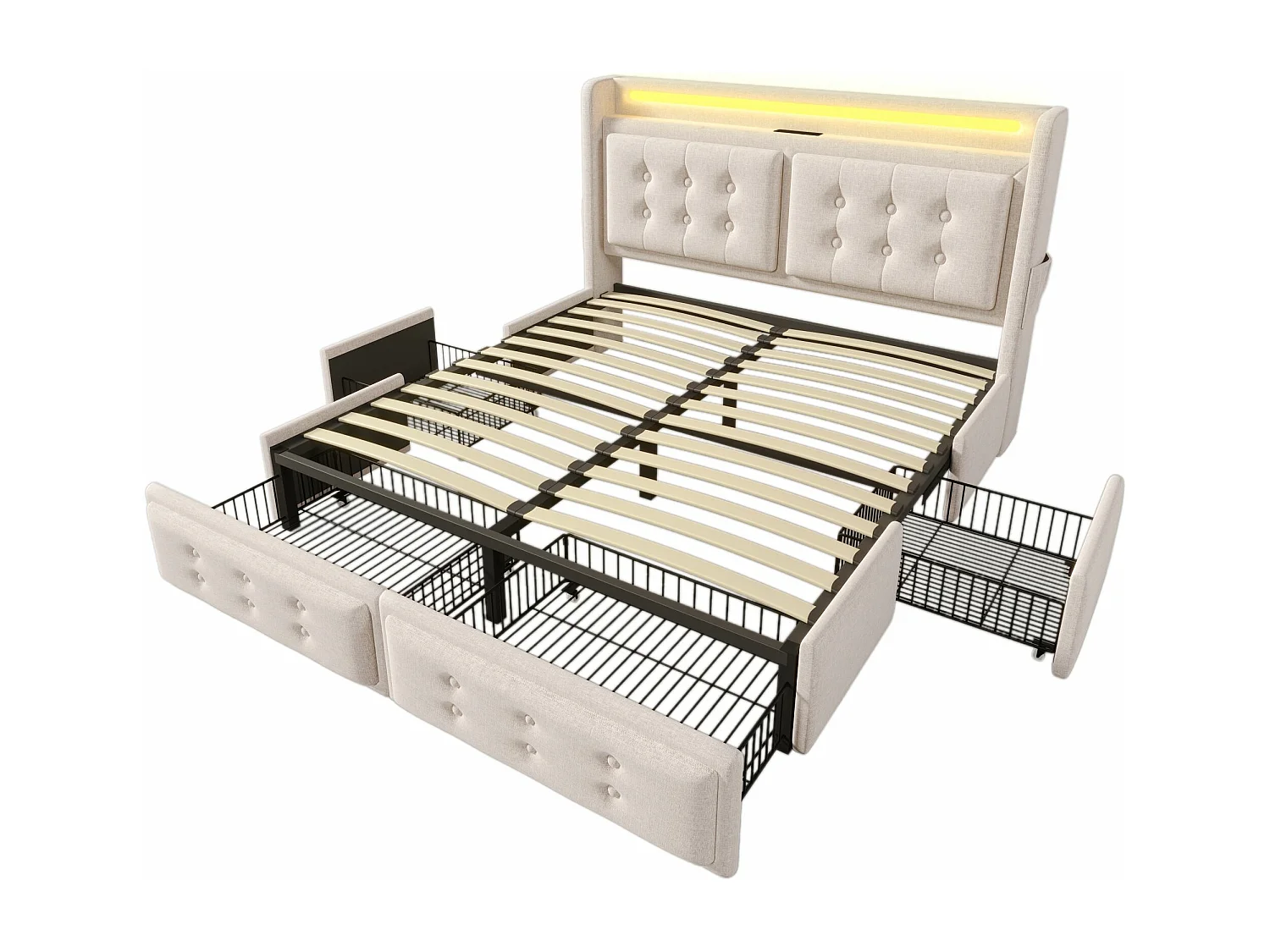 Lit double capitonné 180x200 avec tête de lit Led et chargeur USB C + 4 tiroirs, beige (sans matelas)