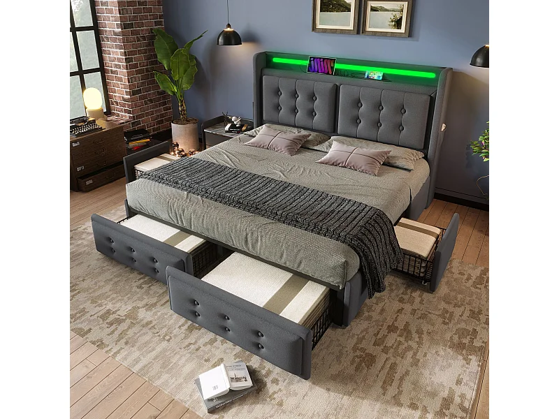 Lit double capitonné 180x200 avec tête de lit Led et chargeur USB C + 4 tiroirs, gris (sans matelas)