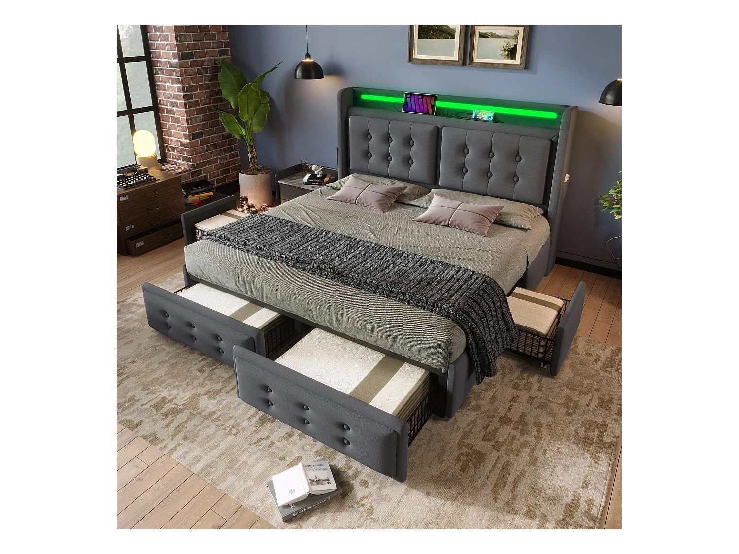 Lit double capitonné 180x200 avec tête de lit Led et chargeur USB C + 4 tiroirs, gris (sans matelas)