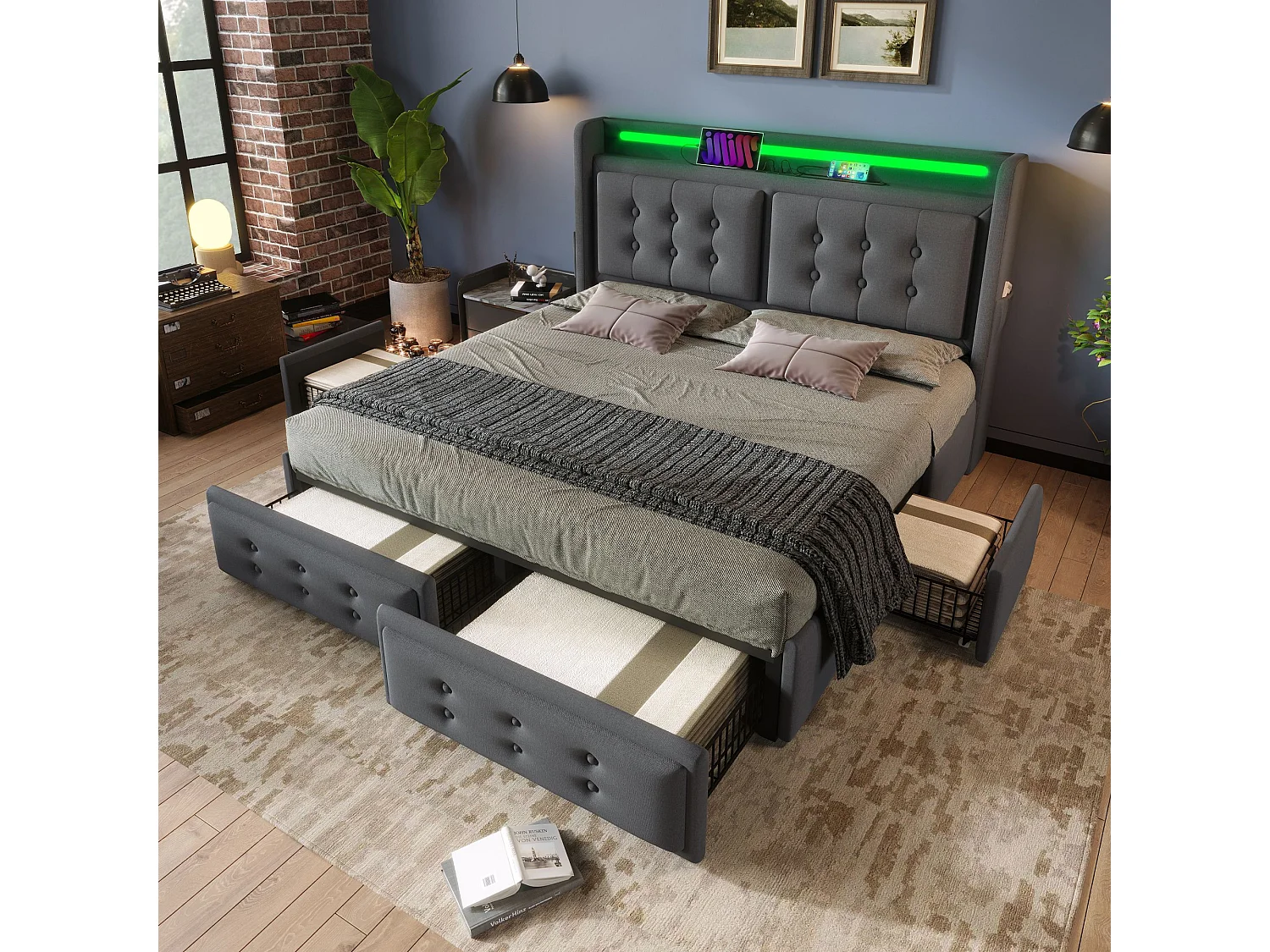 Lit double capitonné 180x200 avec tête de lit Led et chargeur USB C + 4 tiroirs, gris (sans matelas)