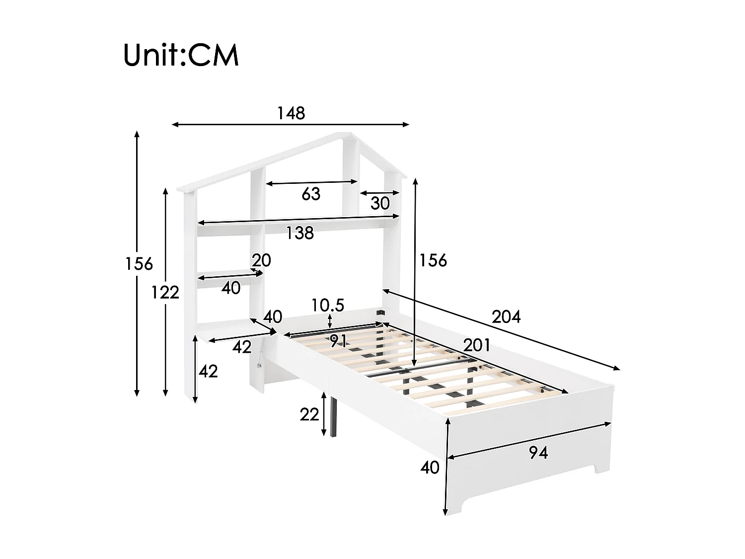 Letto per bambini, 90 x 200 cm, con ripiani, contenitore e rete a doghe, senza materasso, bianco