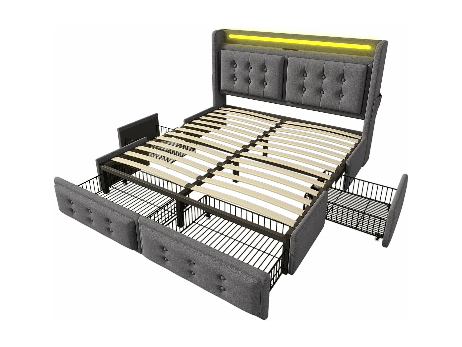 Lit double capitonné 140x200 avec tête de lit Led et chargeur USB C + 4 tiroirs, gris (sans matelas)