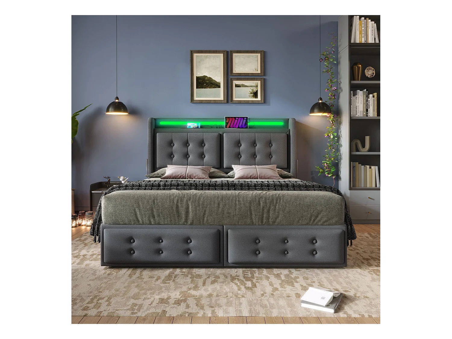 Lit double capitonné 140x200 avec tête de lit Led et chargeur USB C + 4 tiroirs, gris (sans matelas)