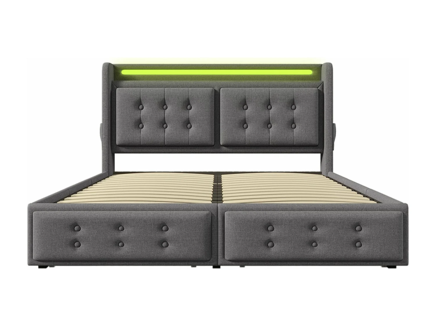 Lit double capitonné 140x200 avec tête de lit Led et chargeur USB C + 4 tiroirs, gris (sans matelas)