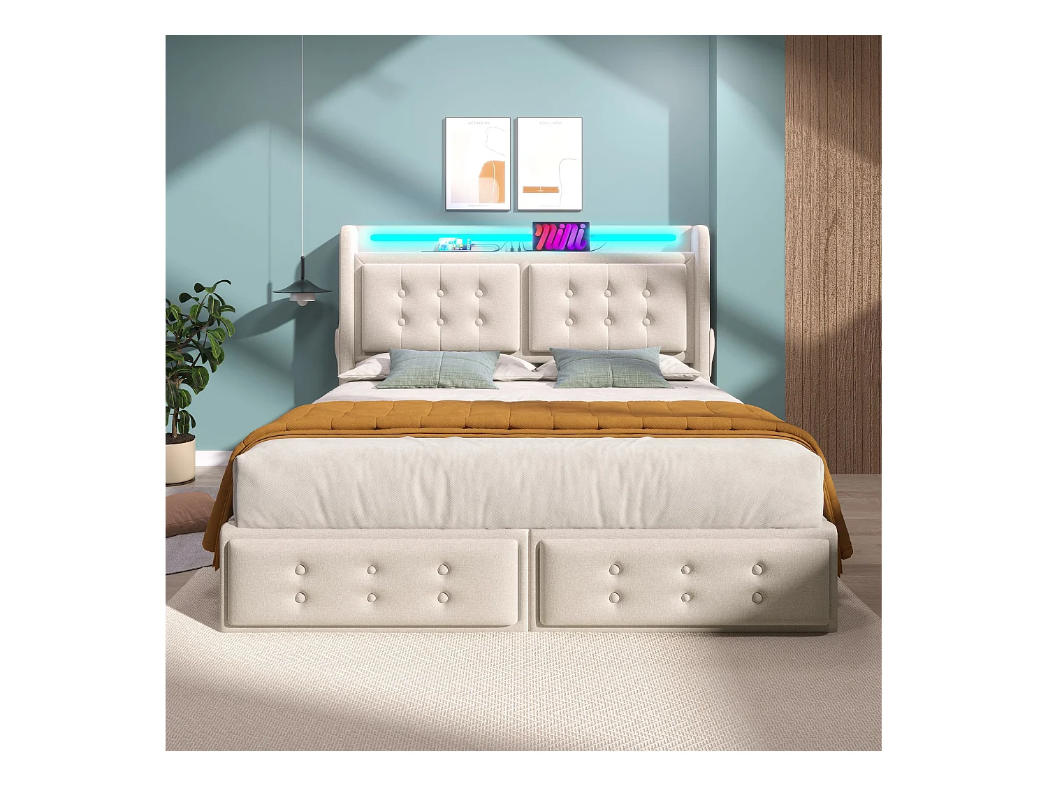 Lit double capitonné 140x200 avec tête de lit Led et chargeur USB C + 4 tiroirs, beige, sans matelas