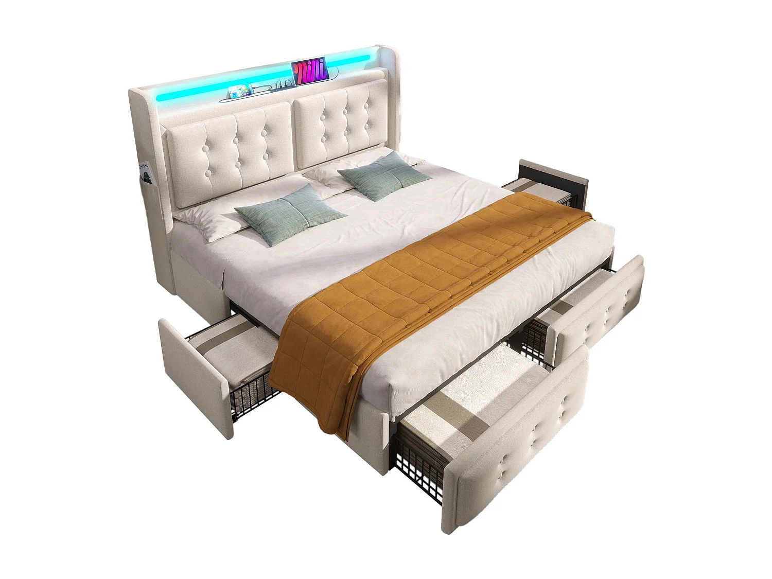 Lit double capitonné 140x200 avec tête de lit Led et chargeur USB C + 4 tiroirs, beige, sans matelas