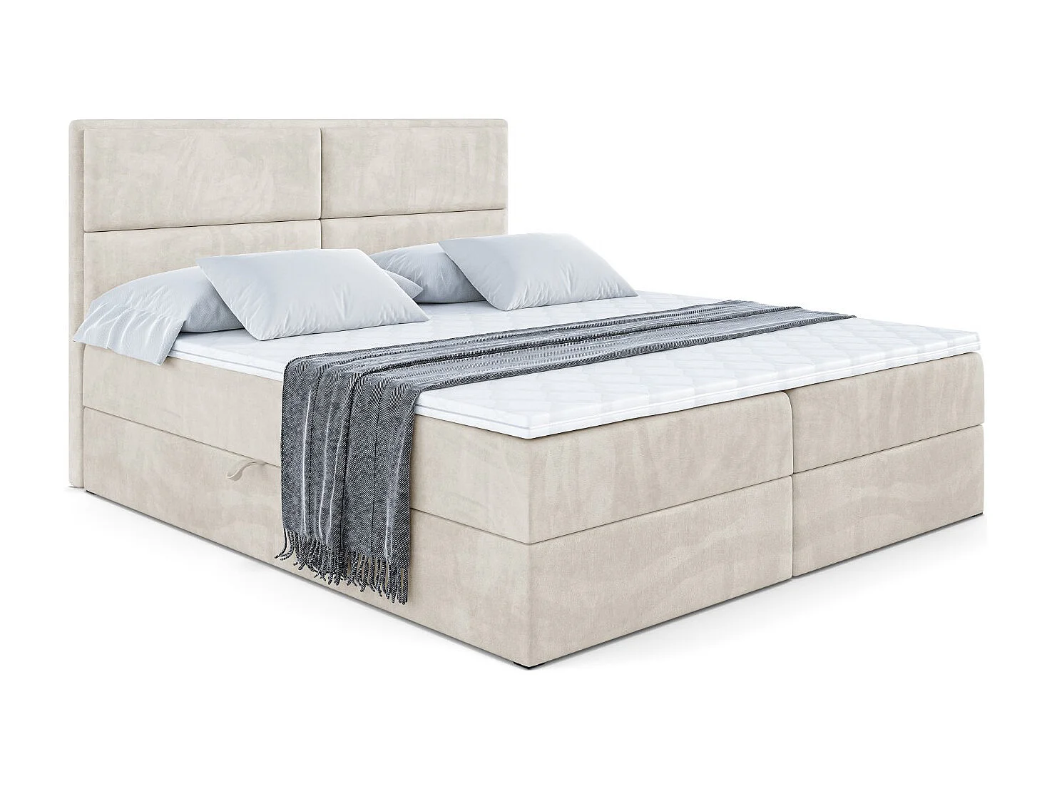 Boxspringbett mit Bettkasten, H3-Materatze, Bonellfederung - 200x200 - Beige Samt - AURA