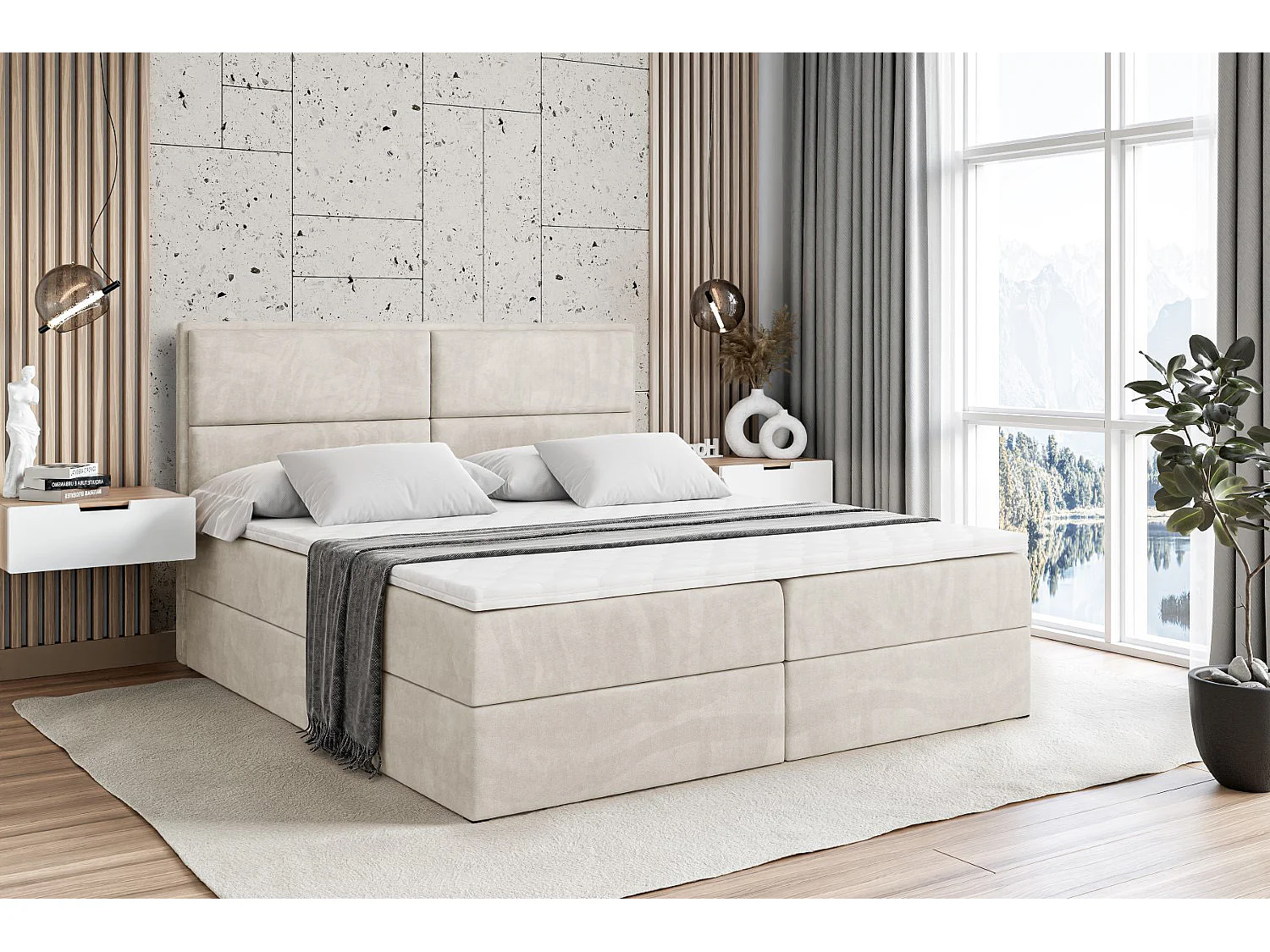 Boxspringbett mit Bettkasten, H3-Materatze, Bonellfederung - 200x200 - Beige Samt - AURA