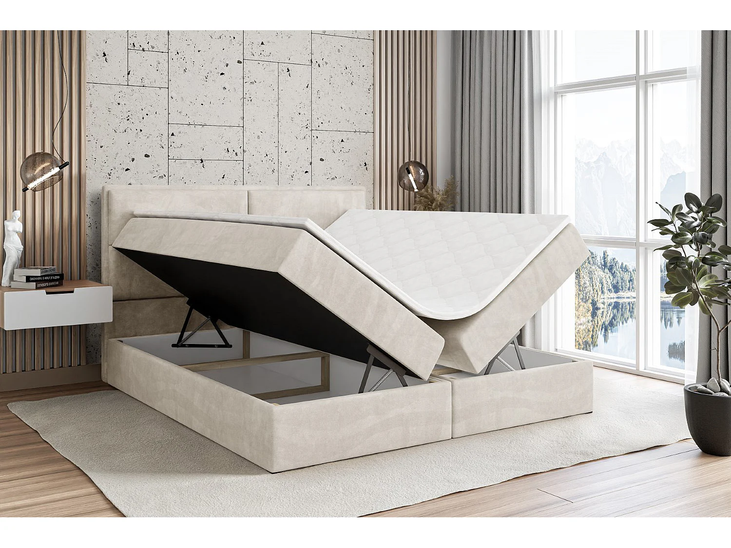 Boxspringbett mit Bettkasten, H3-Materatze, Bonellfederung - 200x200 - Beige Samt - AURA