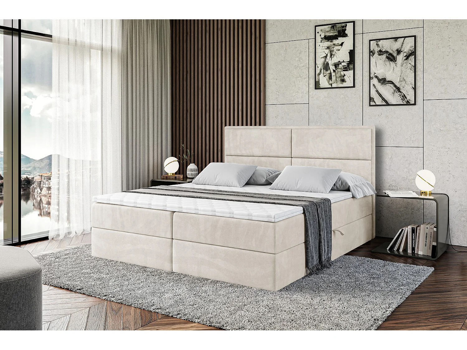 Boxspringbett mit Bettkasten, H3-Materatze, Bonellfederung - 200x200 - Beige Samt - AURA