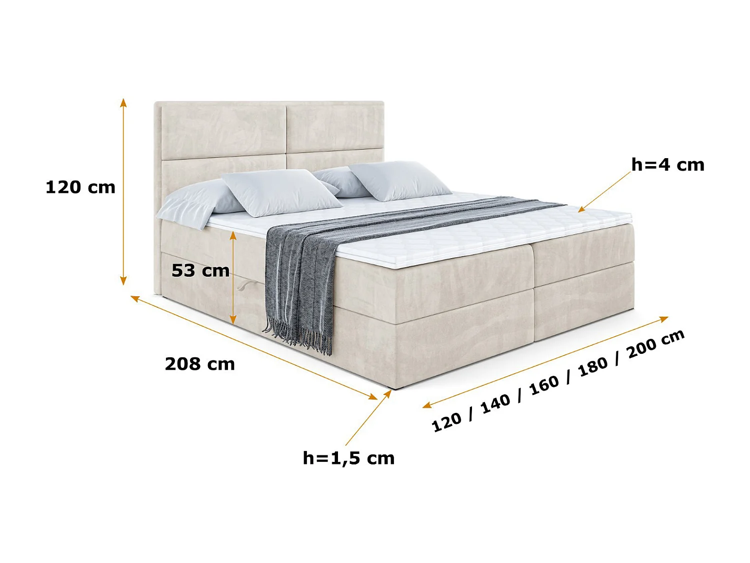 Boxspringbett mit Bettkasten, H3-Materatze, Bonellfederung - 200x200 - Beige Samt - AURA