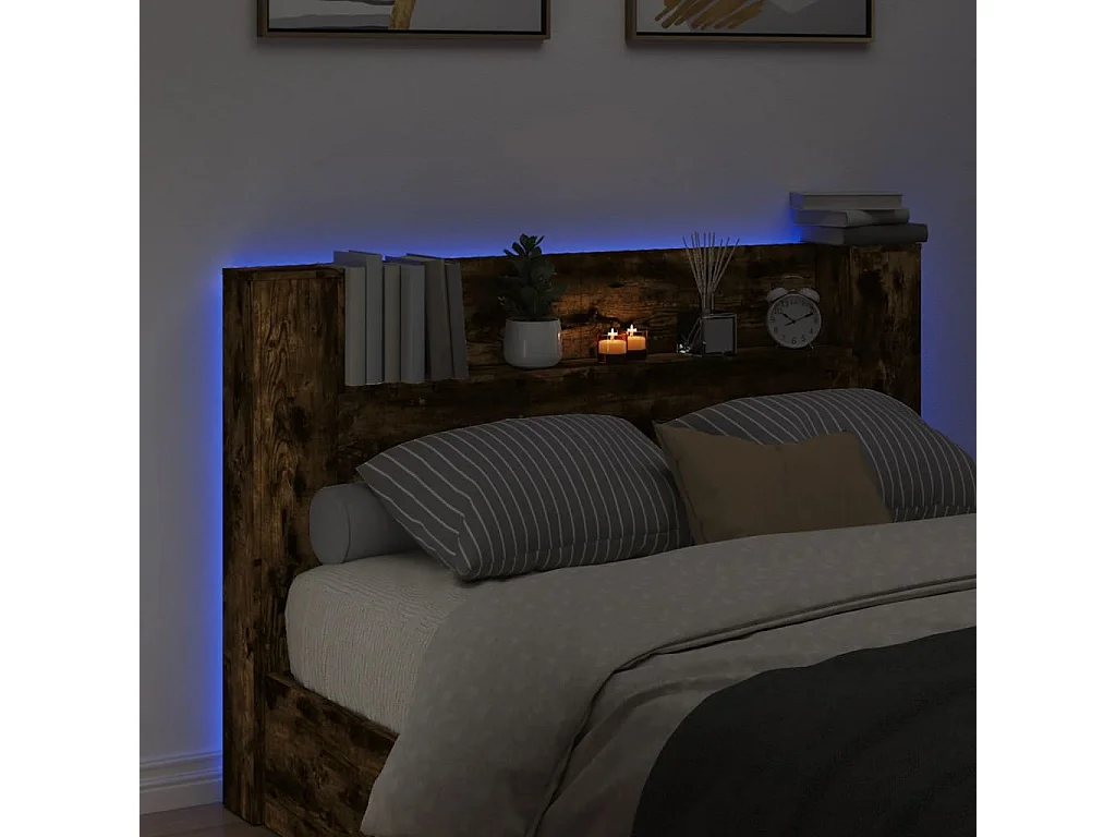 Armoire tête de lit avec LED chêne fumé 160x16,5x103,5 cm