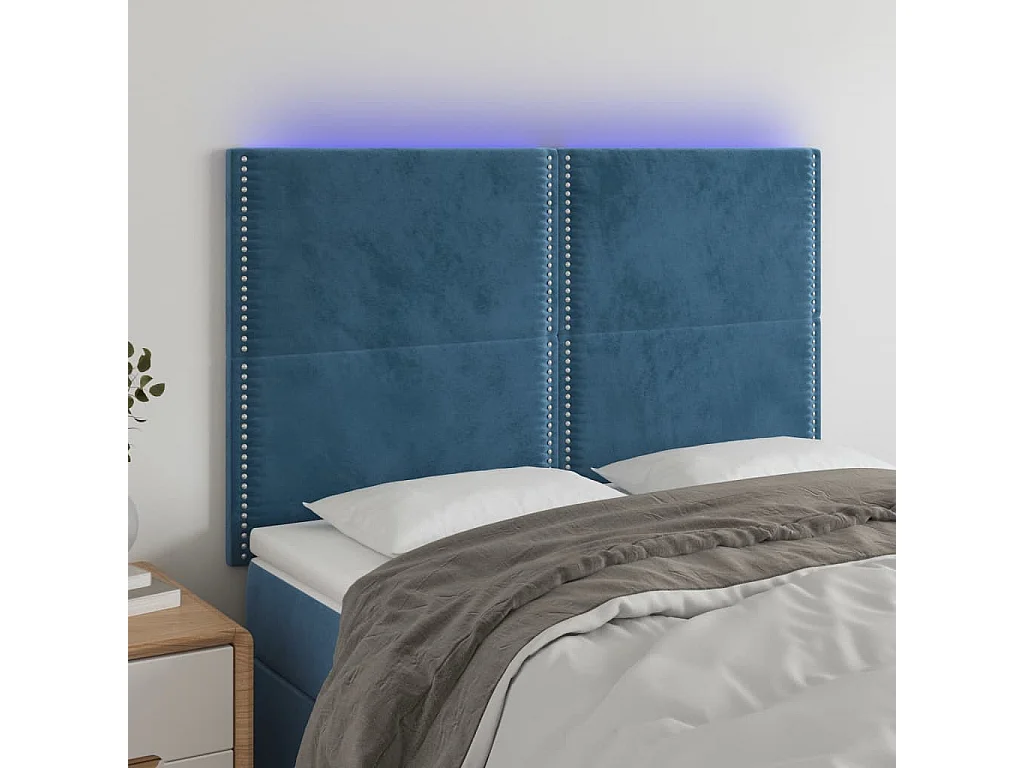 Cabeceira cama c/ luzes LED veludo 144x5x118/128cm azul-escuro