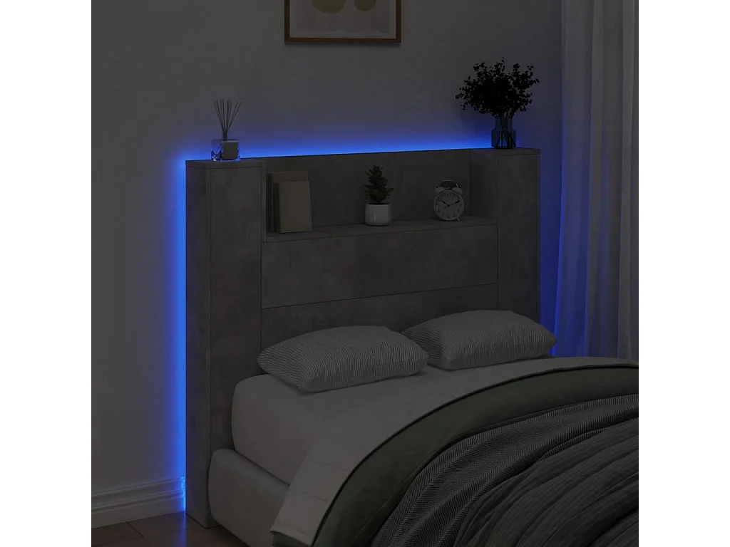 Armoire tête de lit avec LED gris béton 120x16,5x103,5 cm