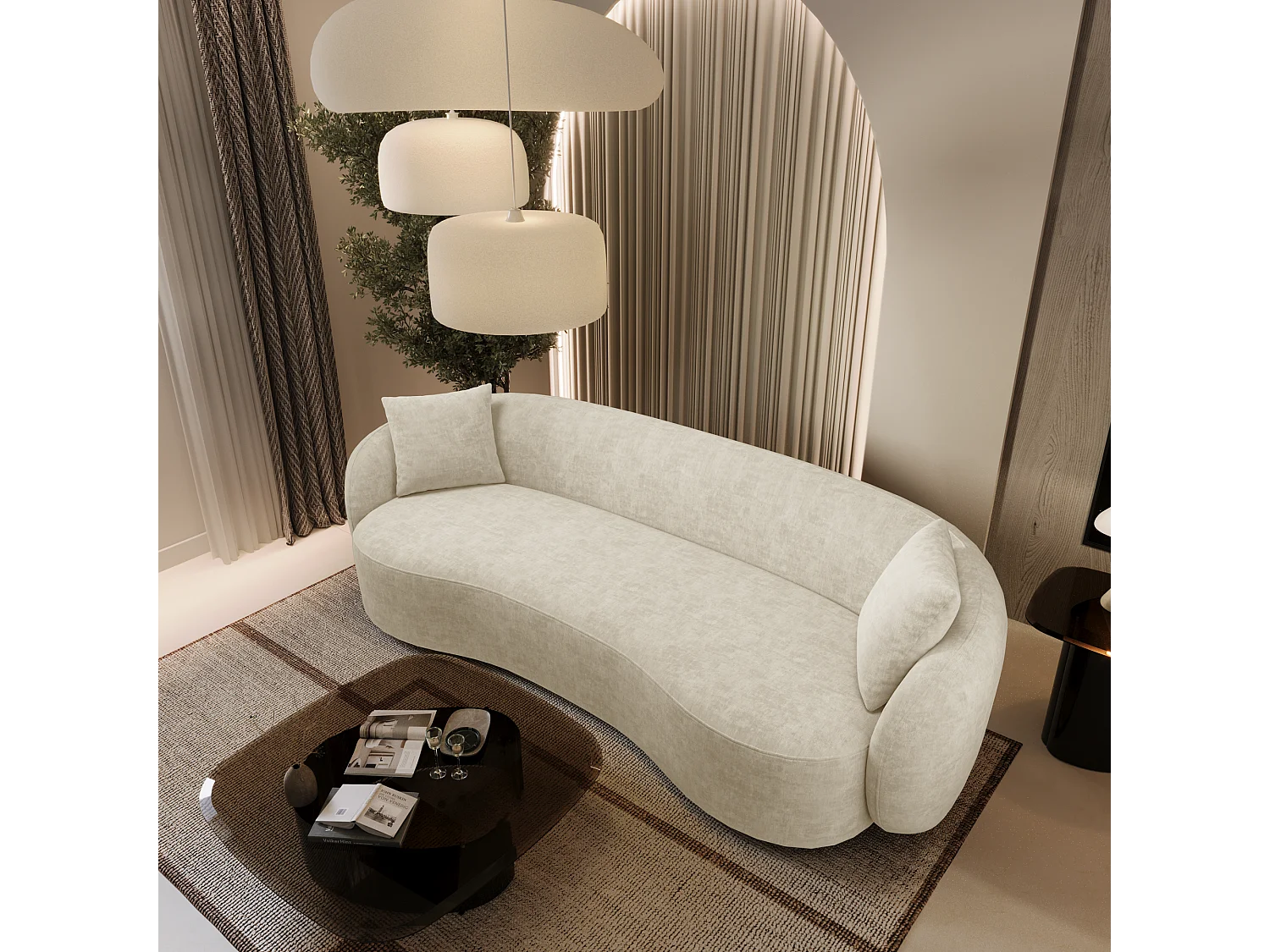 Canapé 3 places tissu tramé toucher doux crème 210cm CELINE