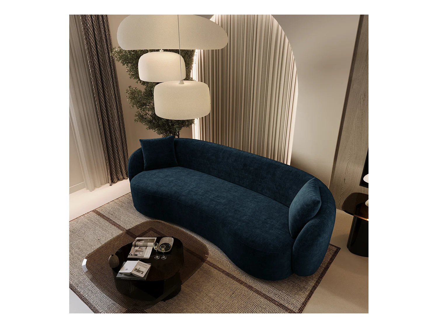 Canapé 3 places tissu tramé toucher doux bleu nuit 210cm CELINE
