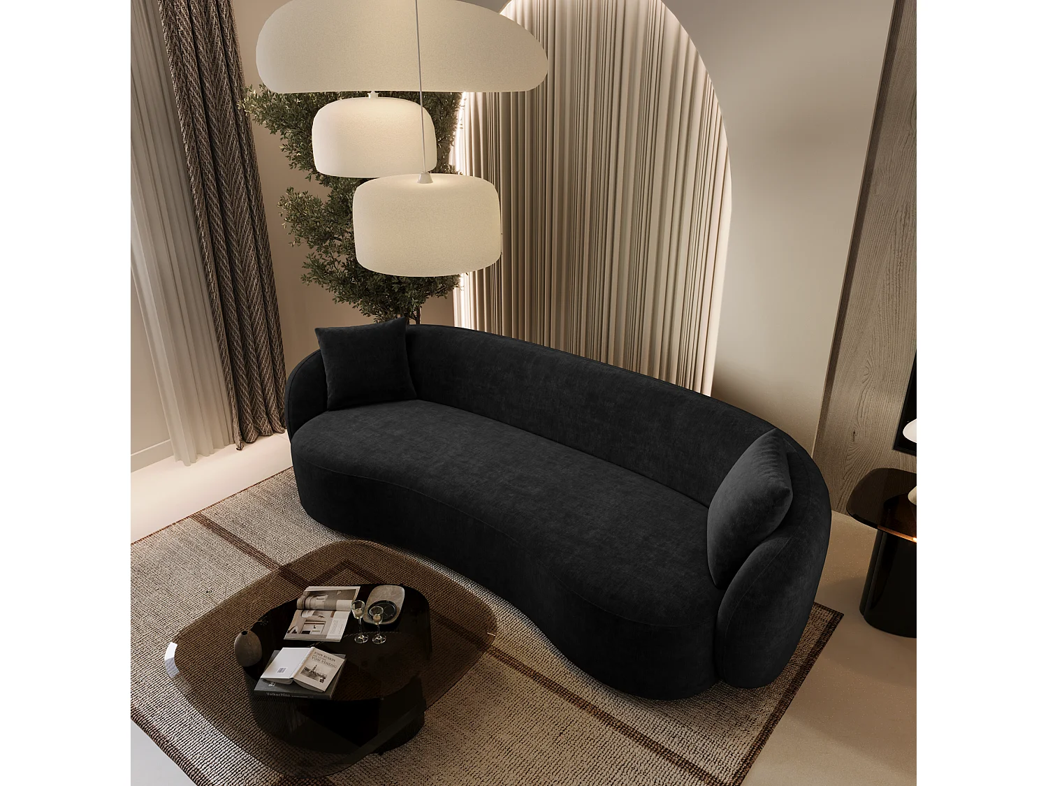 Canapé 3 places tissu tramé toucher doux noir 210cm CELINE