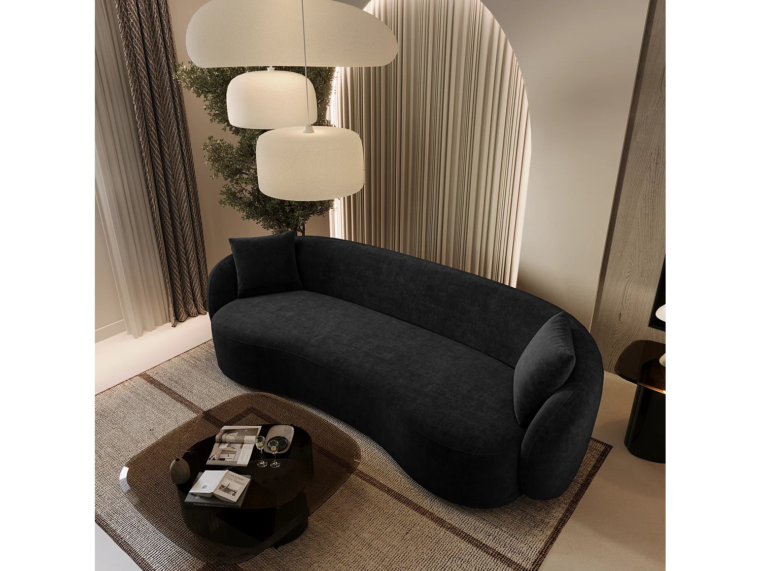 Canapé 3 places tissu tramé toucher doux noir 210cm CELINE