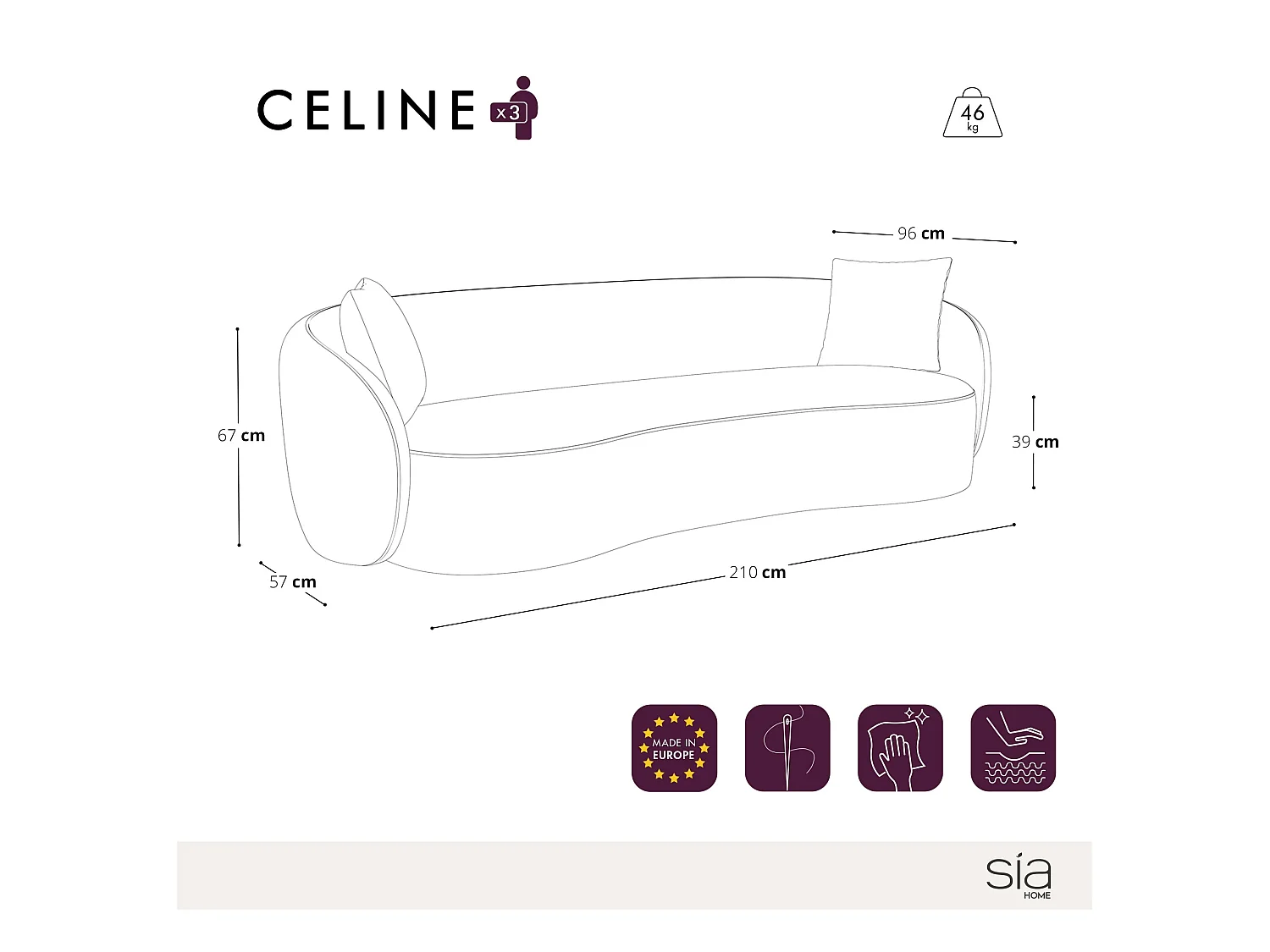 Canapé 3 places velours gaufré crème 210cm CELINE