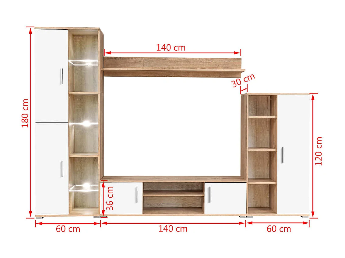 Tv-wandmeubel met LED-verlichting Sonoma eiken en wit