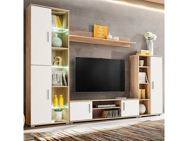 Tv-wandmeubel met LED-verlichting Sonoma eiken en wit