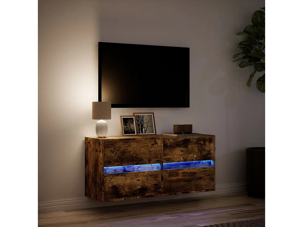Mueble de TV de pared con luces LED roble ahumado 100x31x45 cm