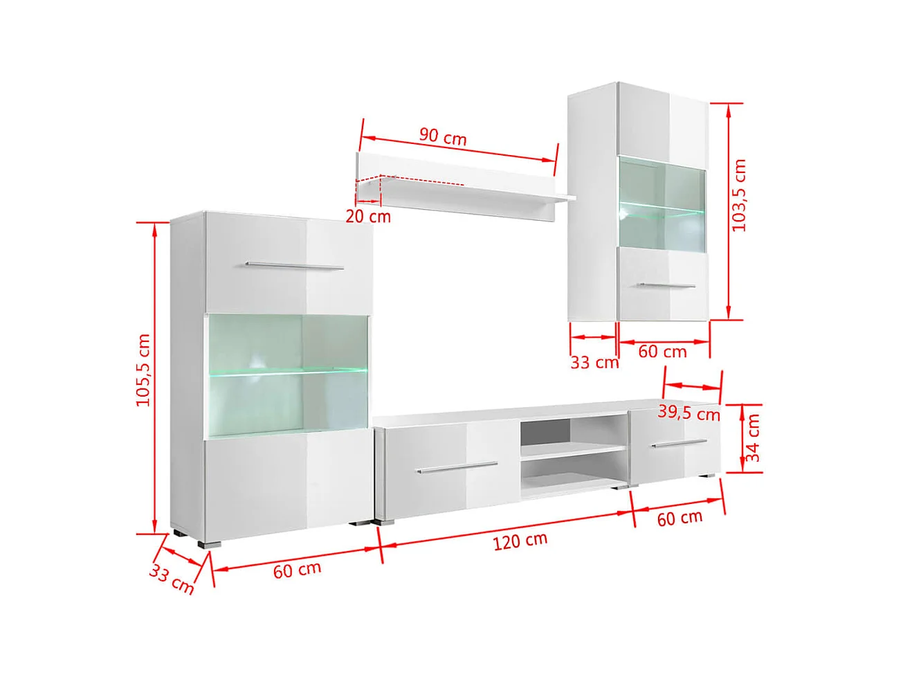 Mobile TV a Parete con Vetrina 5 pz Illuminazione LED Bianco