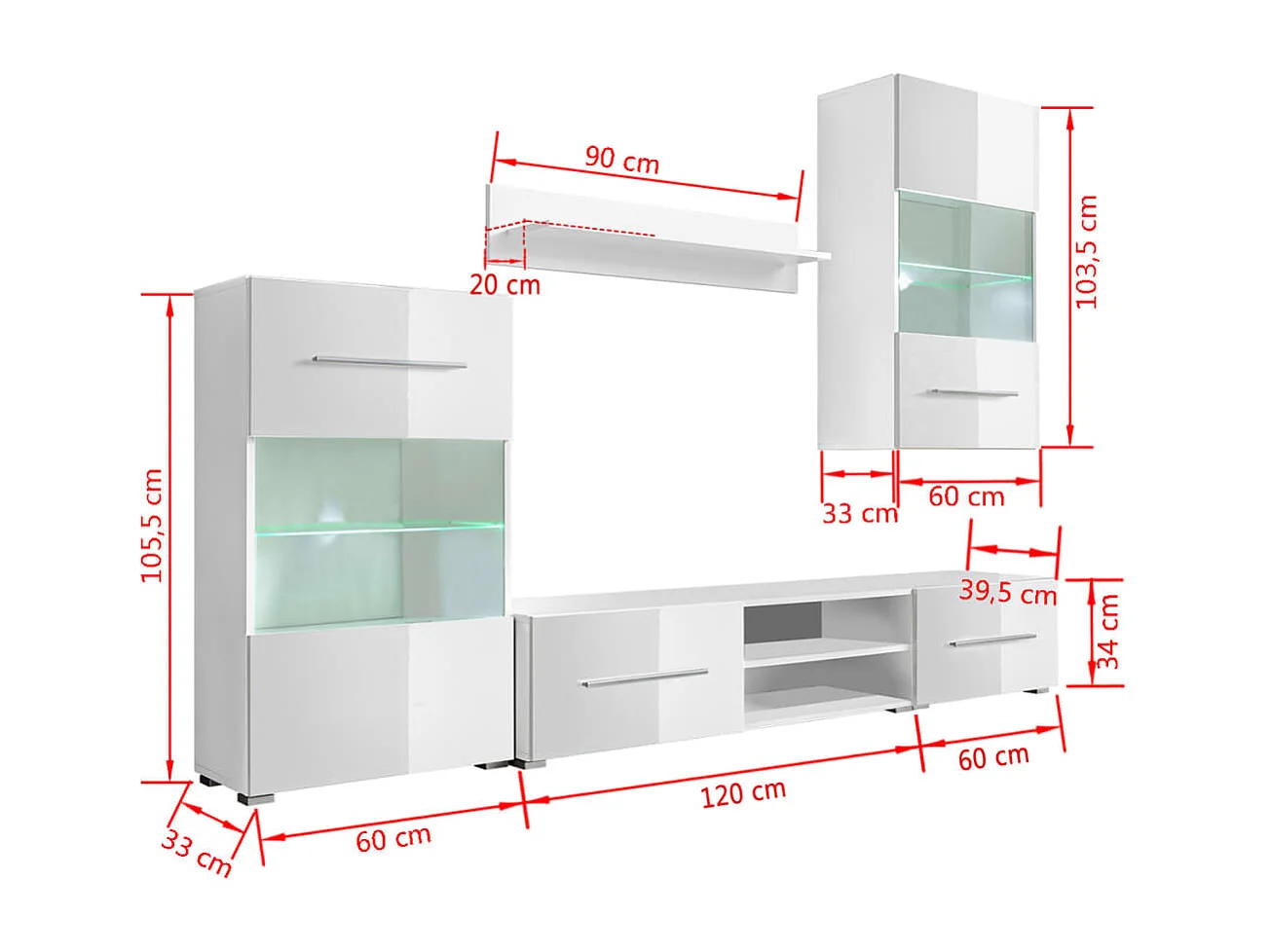 Muurvitrine tv-meubel met LED-verlichting wit 5-delig