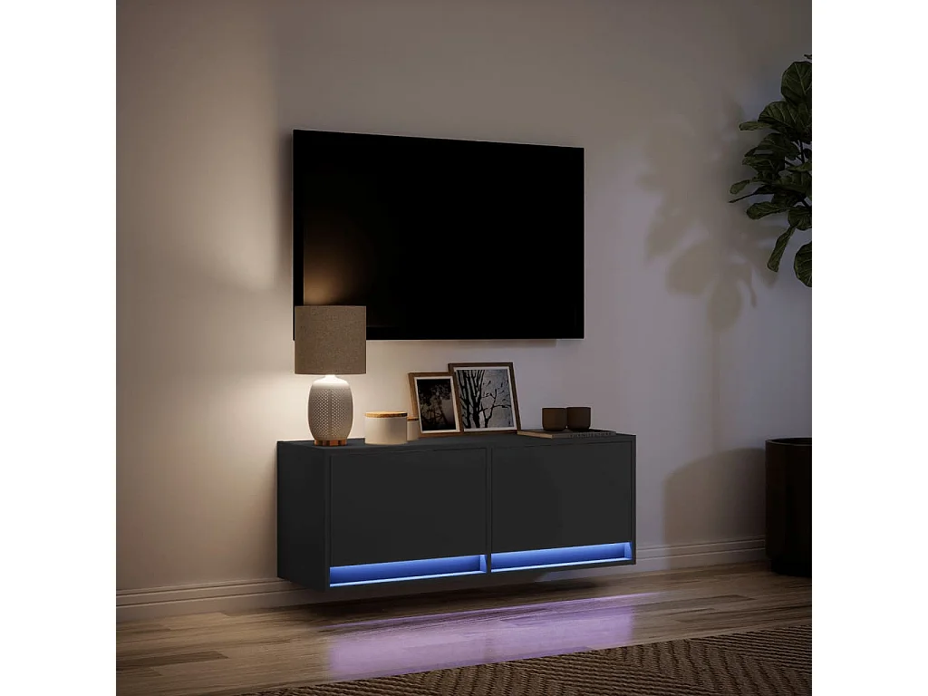 Mueble de TV de pared con luces LED negro 100x31x35 cm
