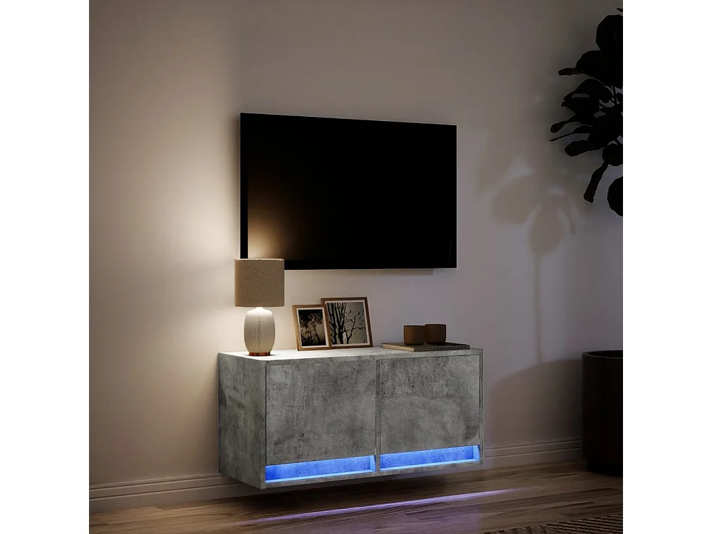 Meuble TV mural avec lumières LED gris béton 80x31x35 cm