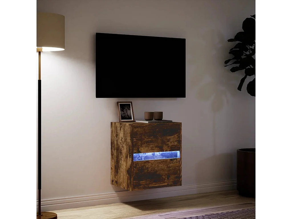 Meuble TV mural avec lumières LED chêne fumé 41x31x45 cm