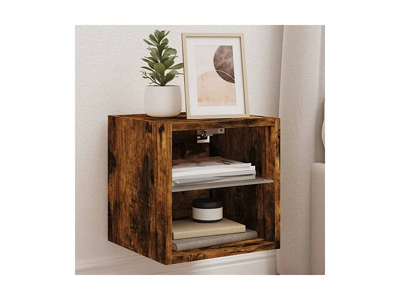 Meuble TV mural avec lumières LED chêne fumé 30x28,5x30 cm